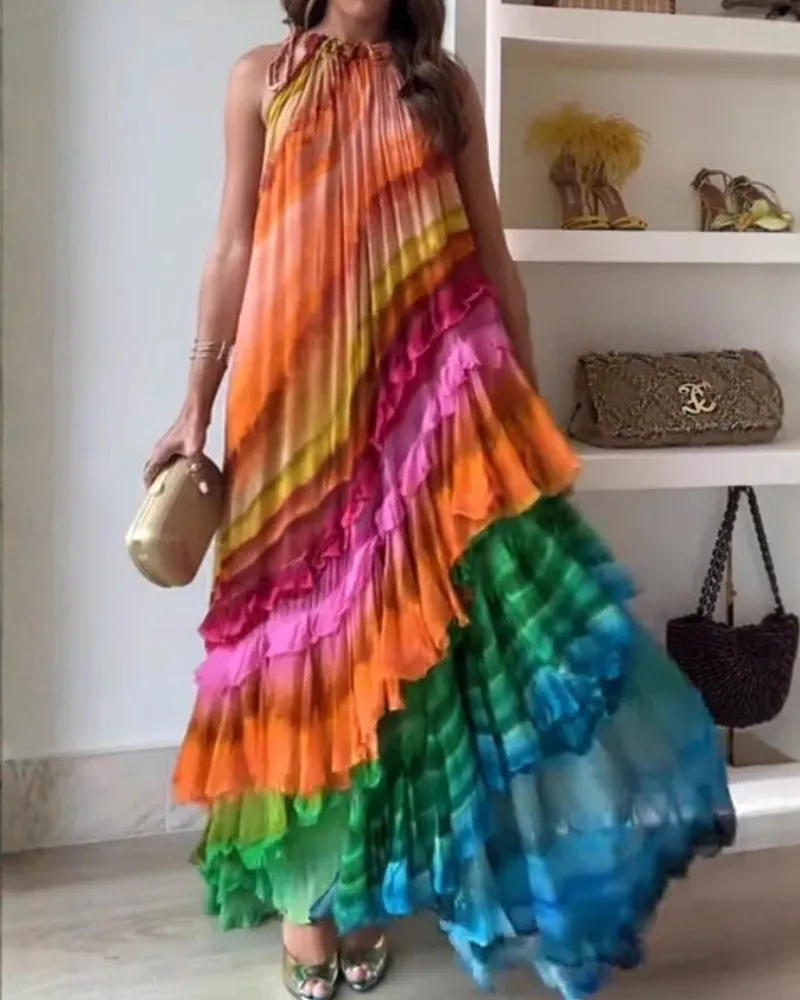 Easy Fit Ruffled Maxi Tie Detail Dress