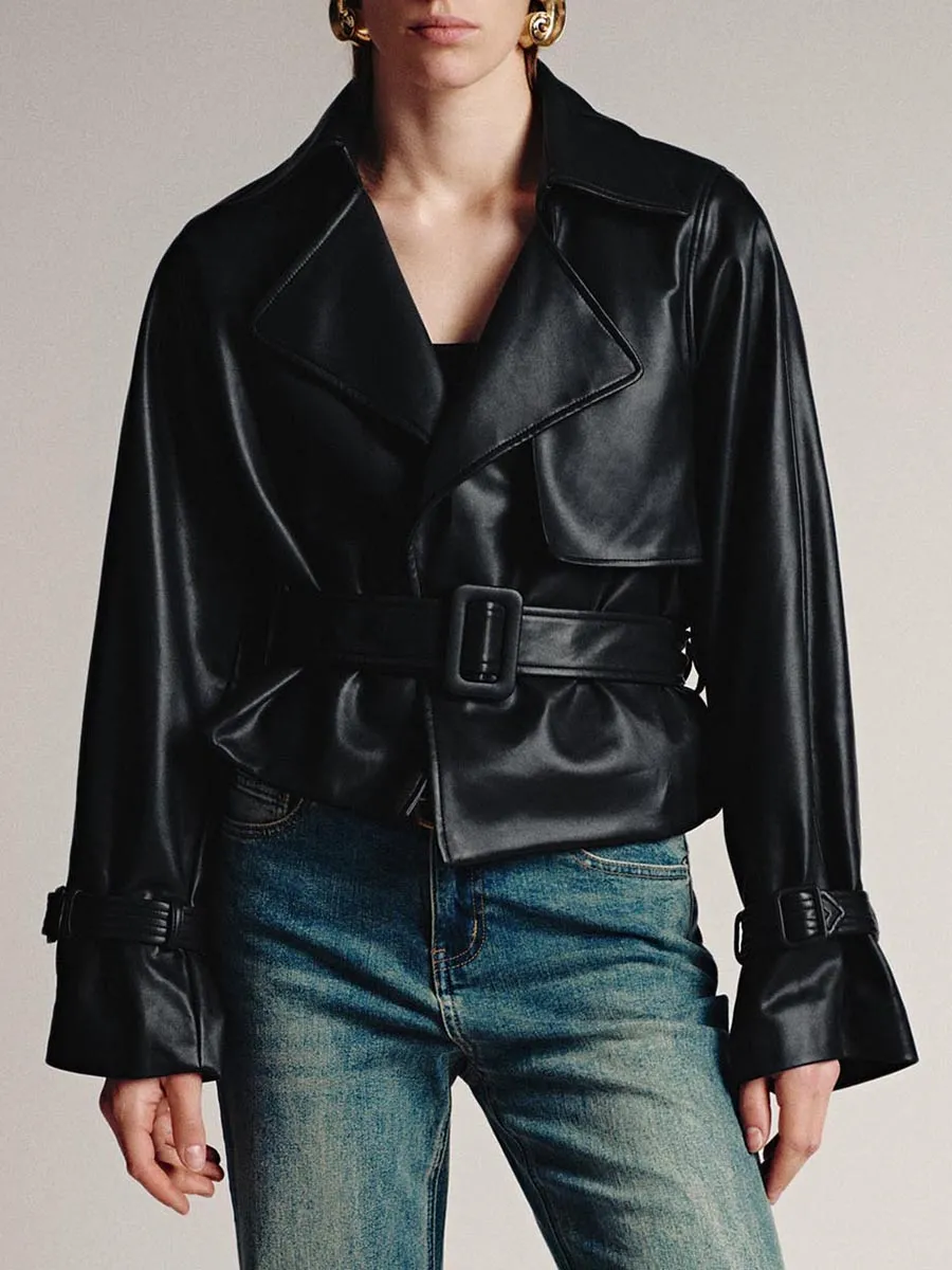 A Black Belt Lapel Elegant Leather Jacket For Ladies