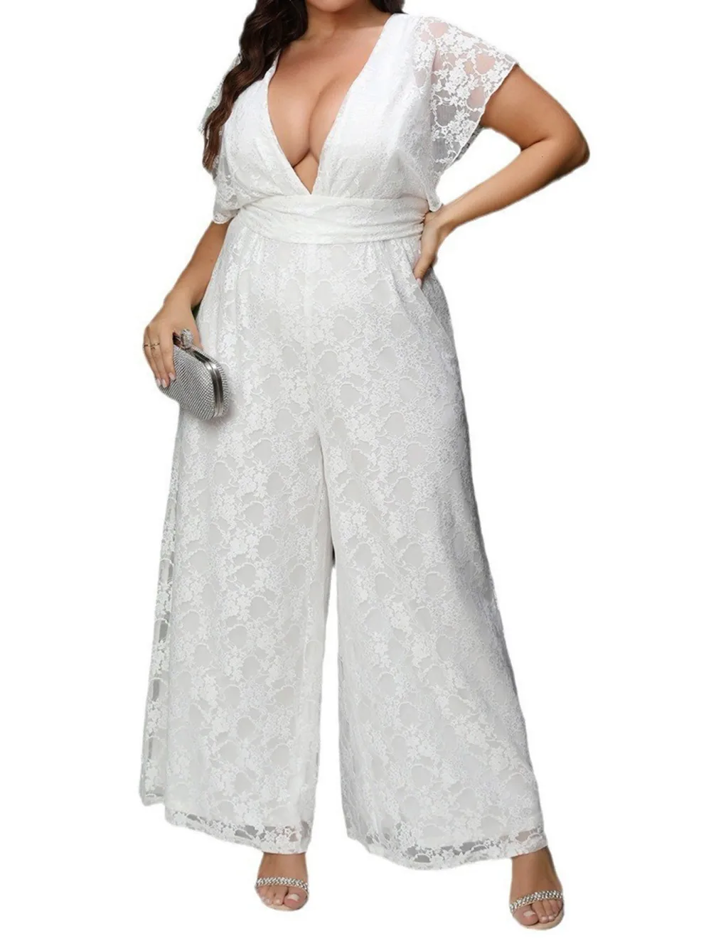 V Neck Temperament Waist Slimming High Grade Tulle Splicing Straight Jumpsuit