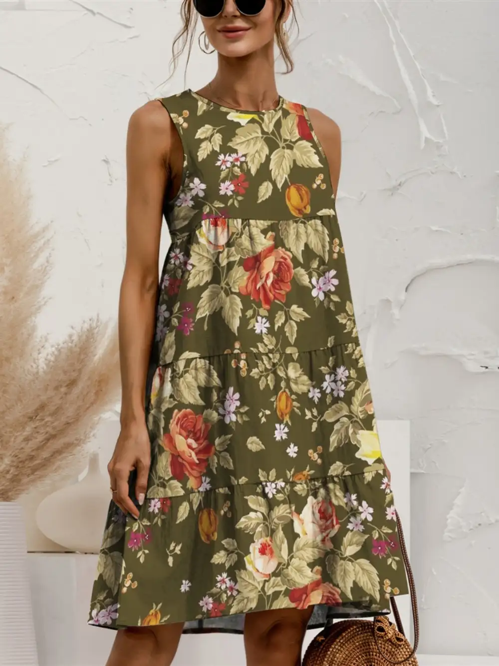 Tiered Printed Round Neck Sleeveless Boho Dress