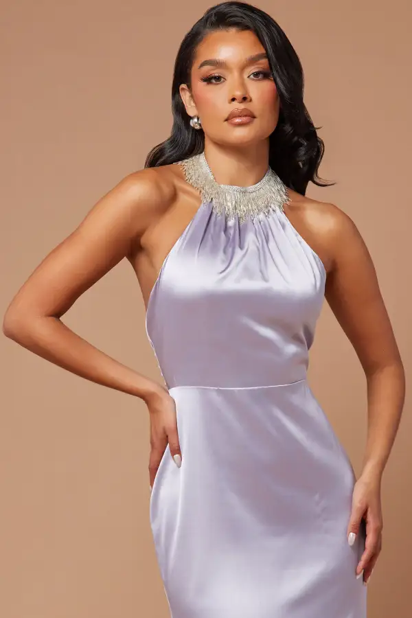 Rebekah Embellished Satin Gown - Grey