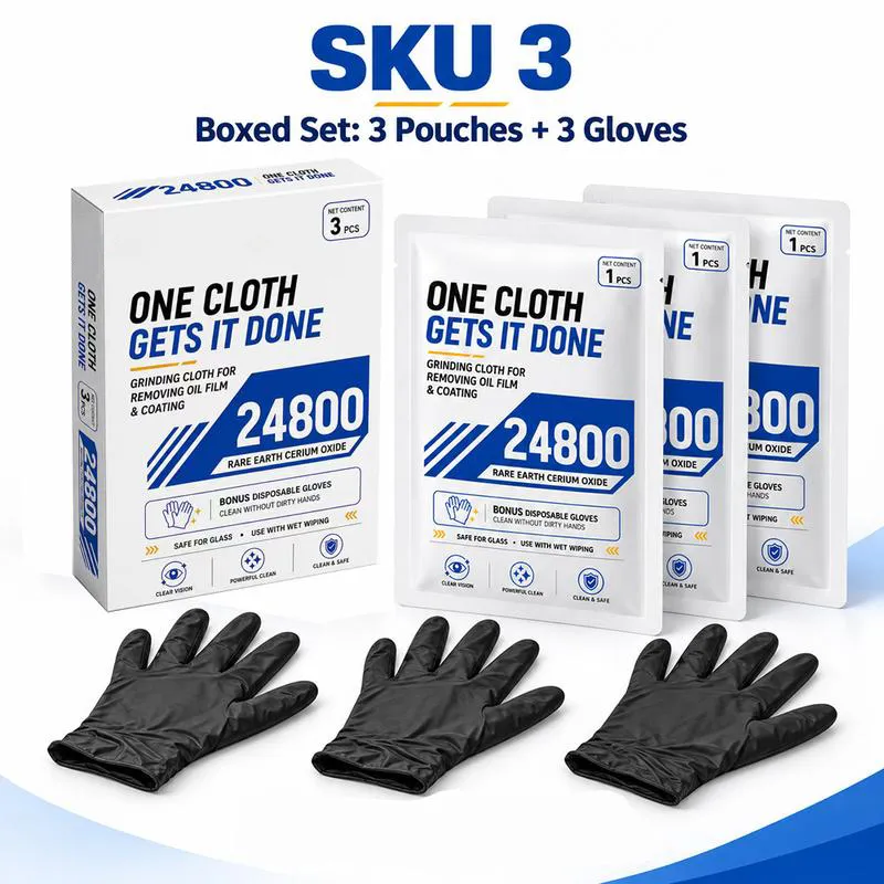 Car Glass Polishing Cloth, Windshield Oil Film & Water Stain Remover, Cerium Oxide Cleaning Pad for Car Windows, Windshield & Rearview Mirror, 3-Pack with Gloves