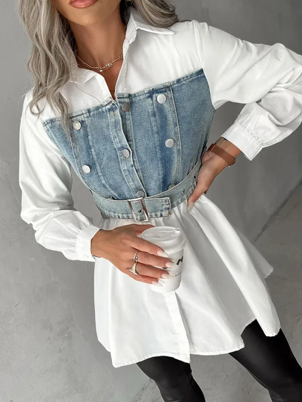 Casual Denim Patchwork Shirt Dress