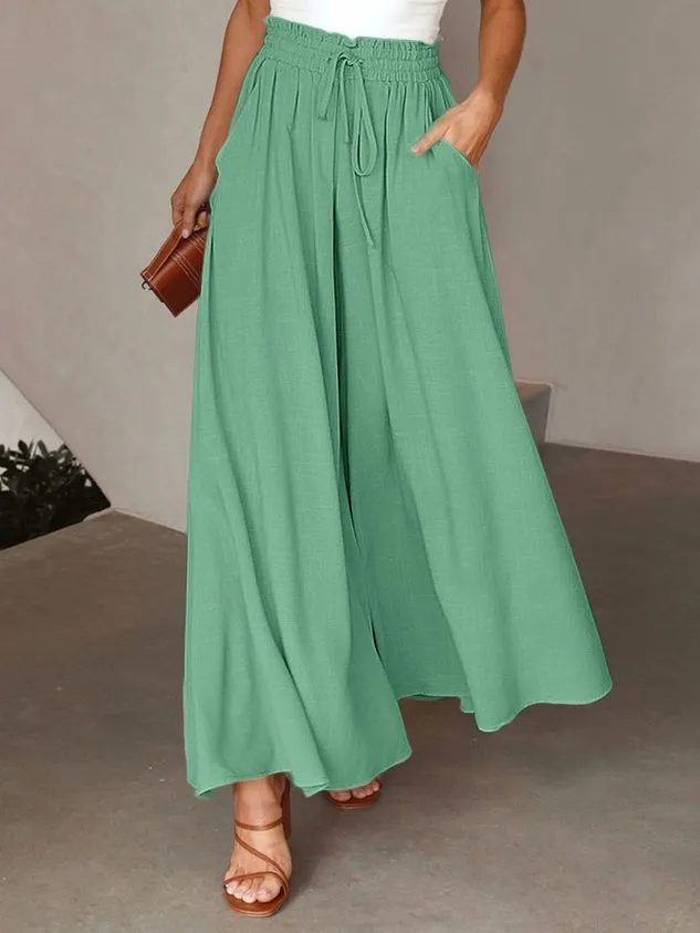 Plain Casual Wide Leg Shirred Waist Pant