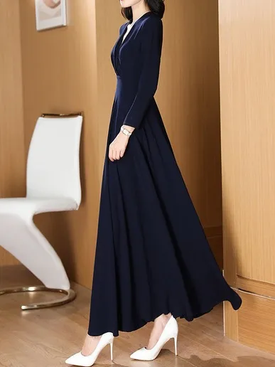 Women Plain V Neck Long Sleeve Comfy Casual Maxi Dress