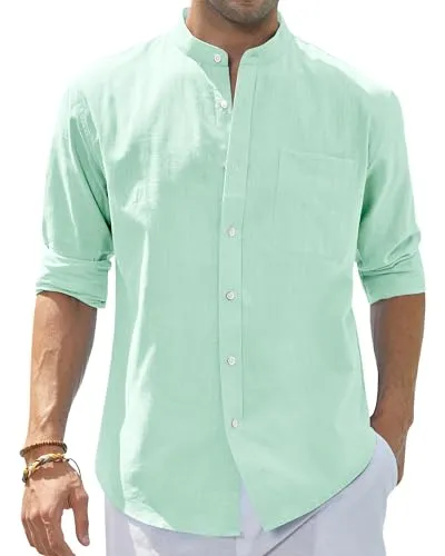 Men's Cotton Linen Long Sleeve Shirts Casual Button Down Banded Collar Shirt Beach Summer Tops with Pocket