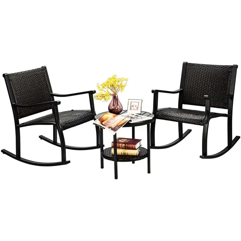 Bestoutdor Wicker Patio Bistro Set with 2 Rocking Chairs & Coffee Table Storage Shelf