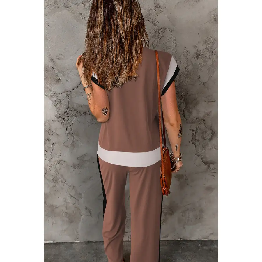Contrast Round Neck Top and Pants Set