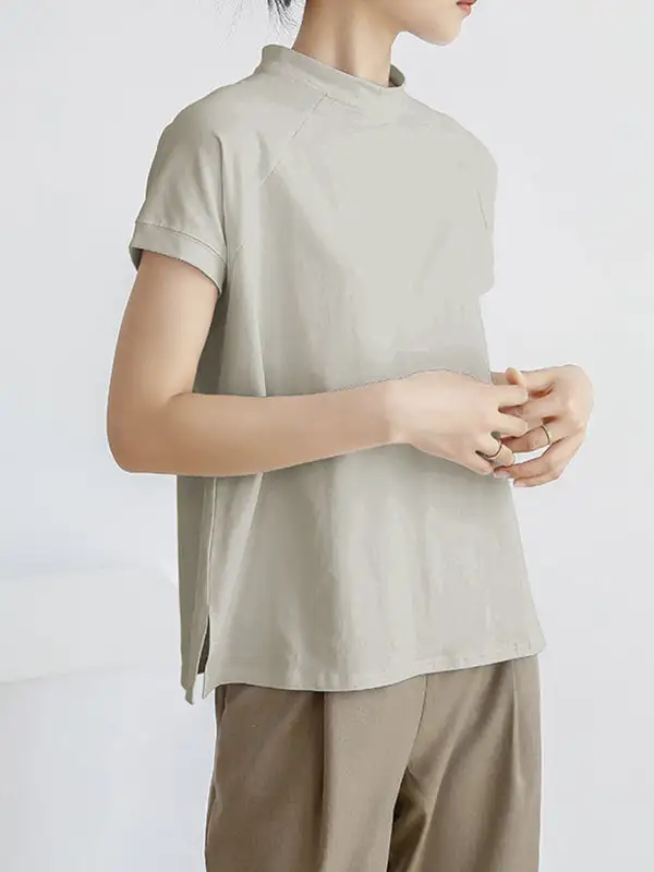 Casual Short Sleeve Relaxed Stand Collar T-Shirt