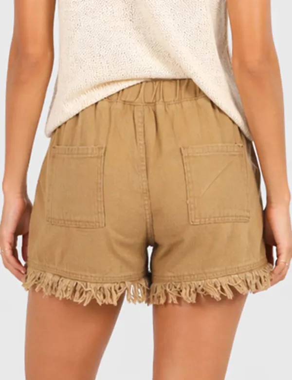 Drawstring Waist Frayed Hem Denim Shorts