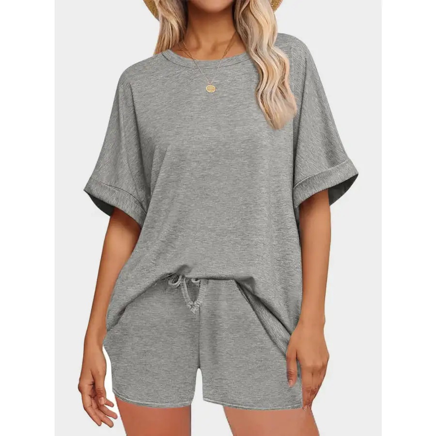 Round Neck T Shirt and Drawstring Shorts Set