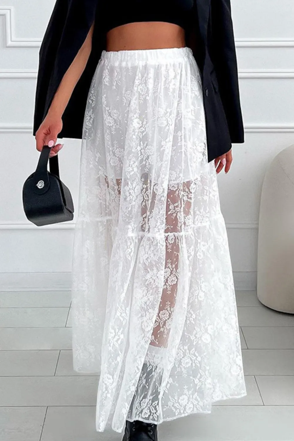 Lace Elastic Waist Maxi Skirt