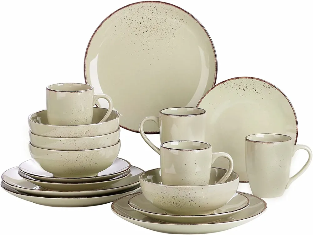 vancasso Navia Ceramic Dinnerware Set, 48 pieces Set of 12 Stoneware Spray Spot Patterned Service Dish with Dinner Plates, Salad Plates, Bowls, Mugs - Grey