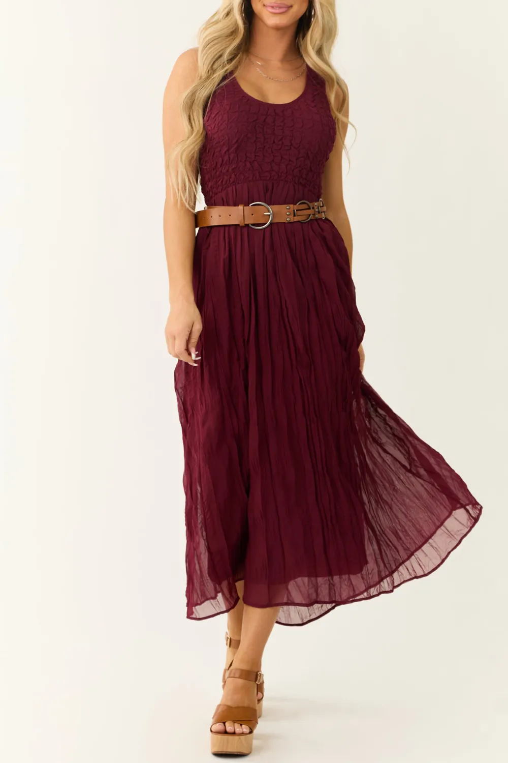 Wine Sleeveless Smocked Scoop Neck Maxi Dress