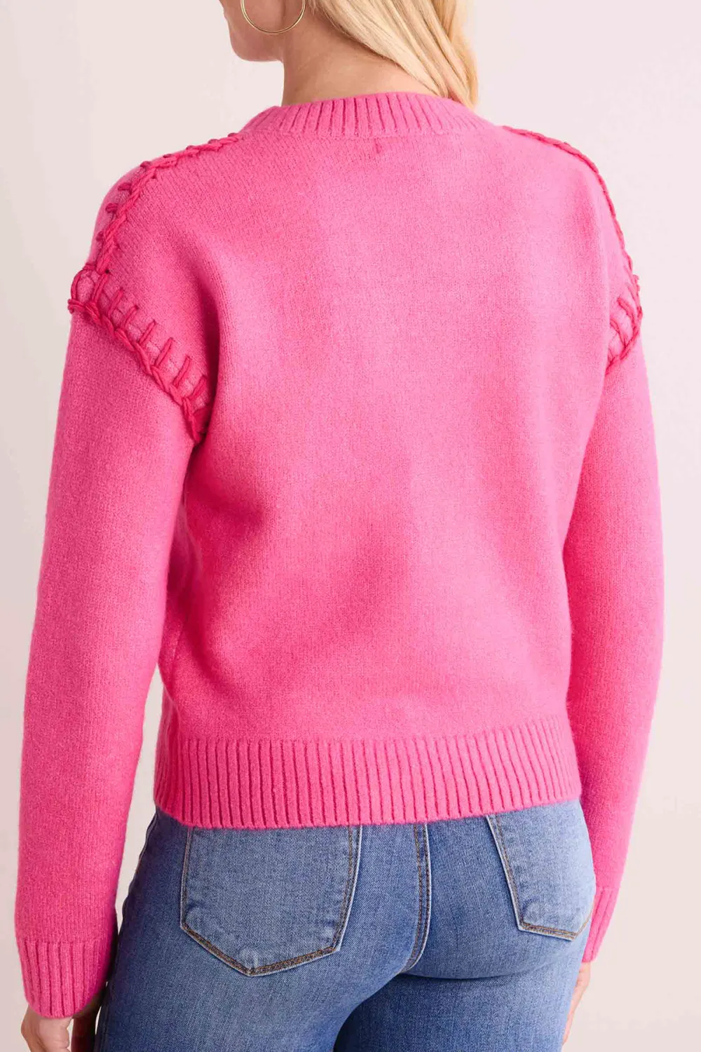 Pink Crew Neck Ruffled Shoulder Long Sleeve Sweater