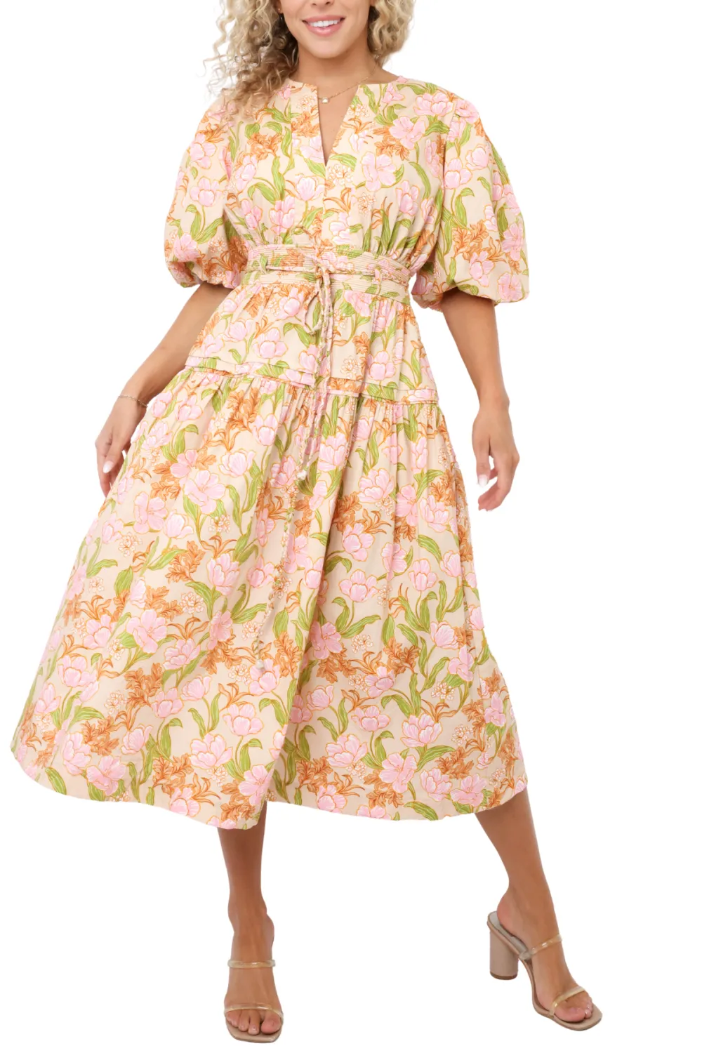 V Neck Floral Print Puff Sleeve Midi Dress