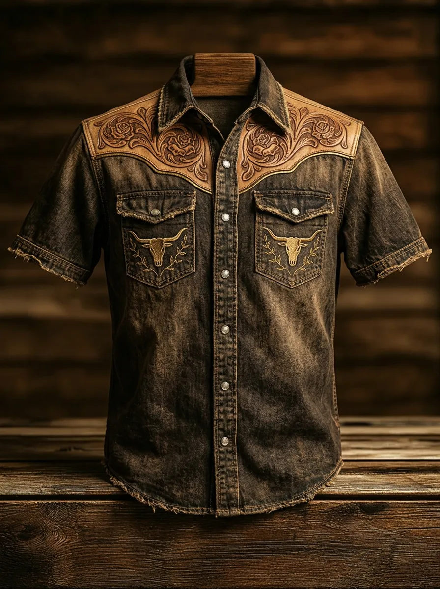 Men's Western Cowboy Bull Skull Floral Printed Denim Shirt