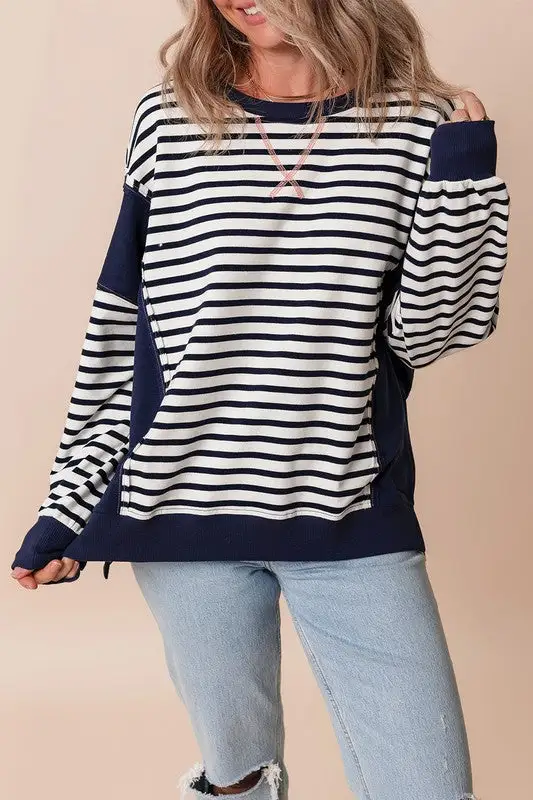 Stripe Patchwork Exposed Seam Loose Fit Sweatshirt