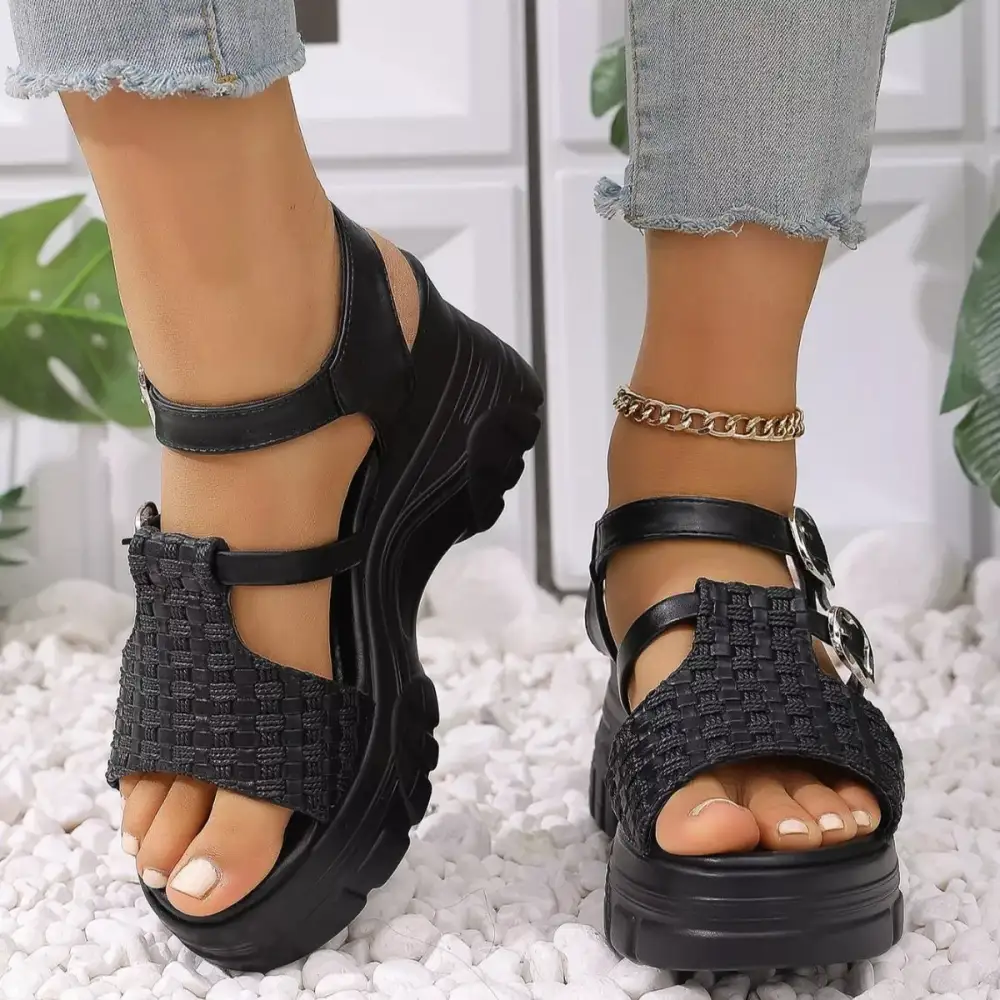 Buttoned Classic Open Toe Wedge Sandals
