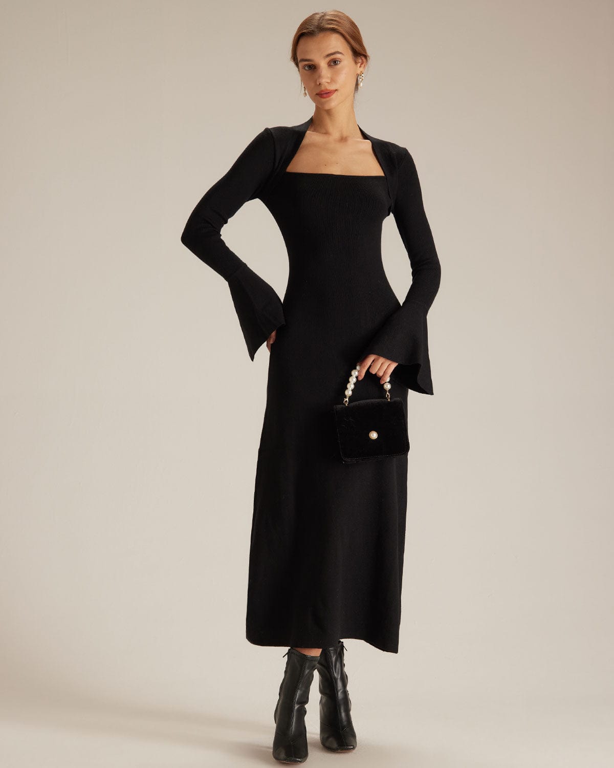 The Black Square Neck Flare Sleeve Midi Dress