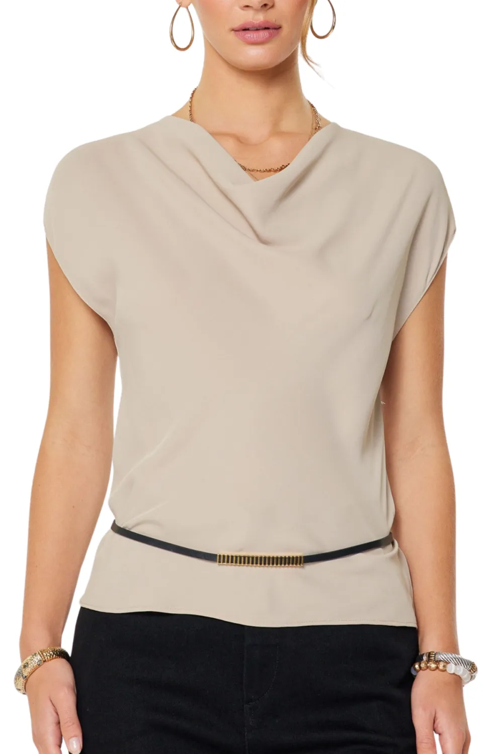 Cap Sleeve Draped Cowl Blouse