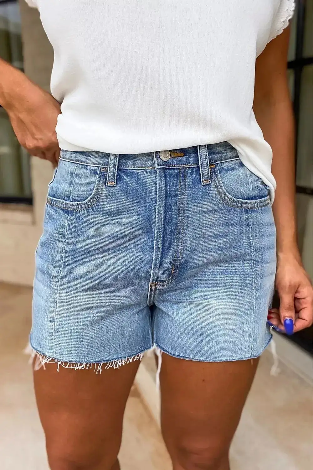 Frayed Hem High-Waisted Denim Shorts