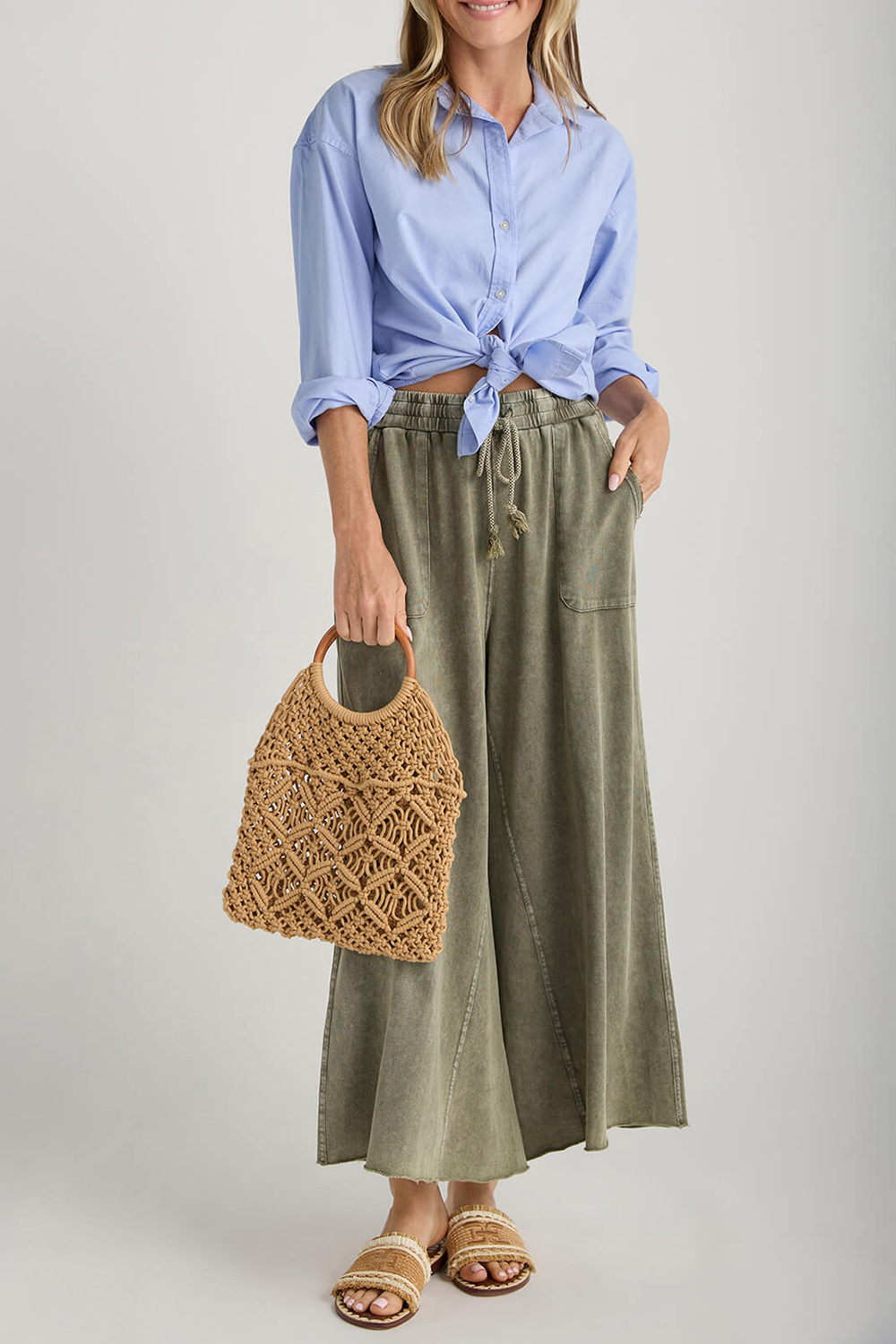 Easel Wide Leg Knit Pants - faded teal