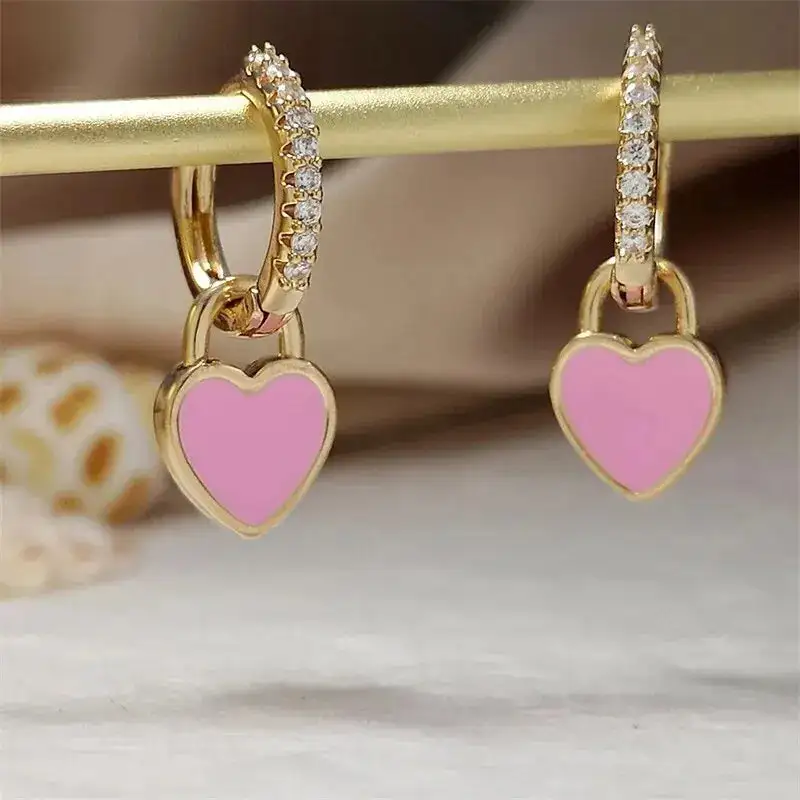 Small Drop Earrings Sweet Red Heart Shape With Cubic Zircon Shiny Gold