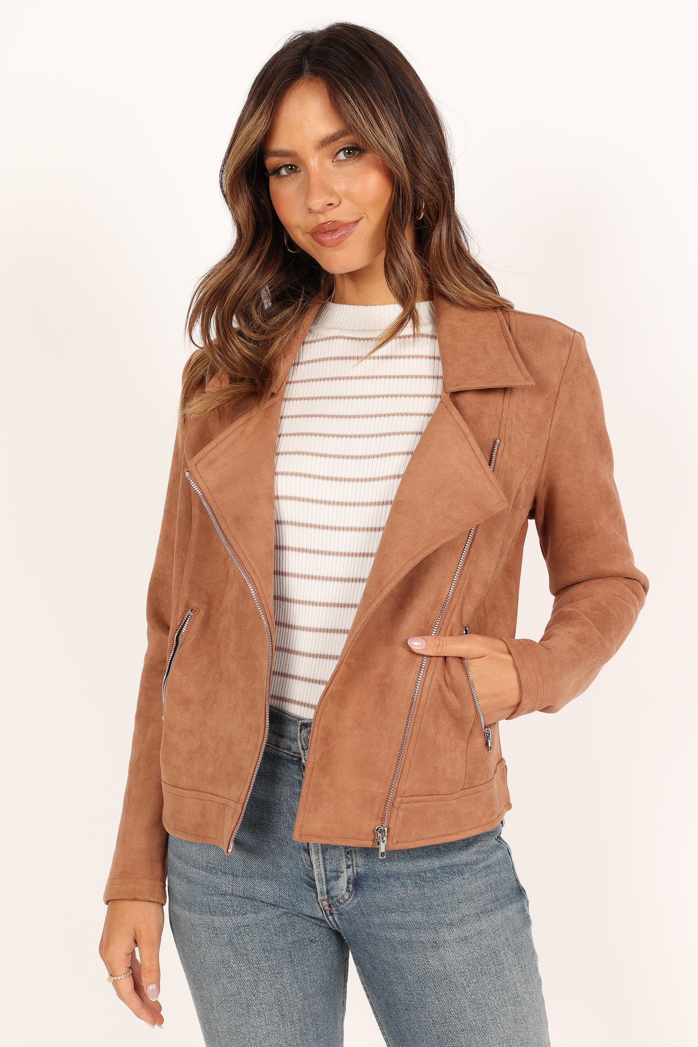 Spencer Faux Suede Moto Jacket - Tan