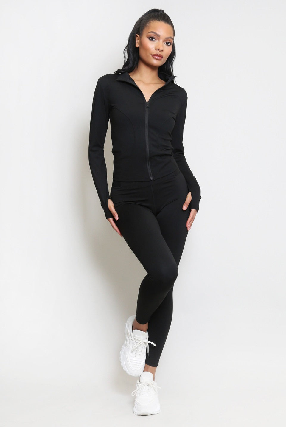 Black Zip Long Sleeve Top And Legging Energy Gym Set - Sadie