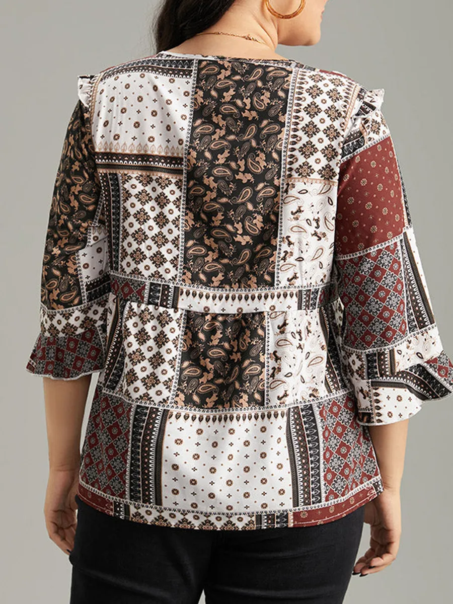 V-Neck Geometric Print Elegant Shirt
