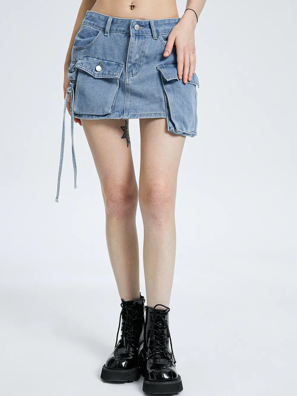 Street Multicolor Denim Pockets Bottom Skirt