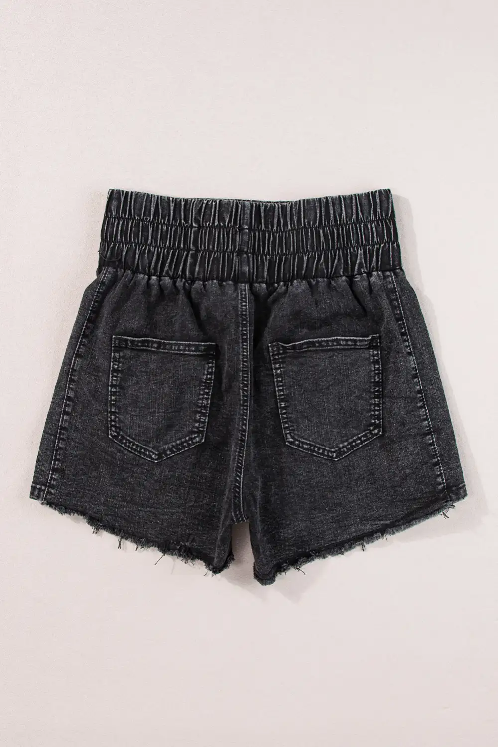 Smocked High Waist Mineral Washed Jean Shorts