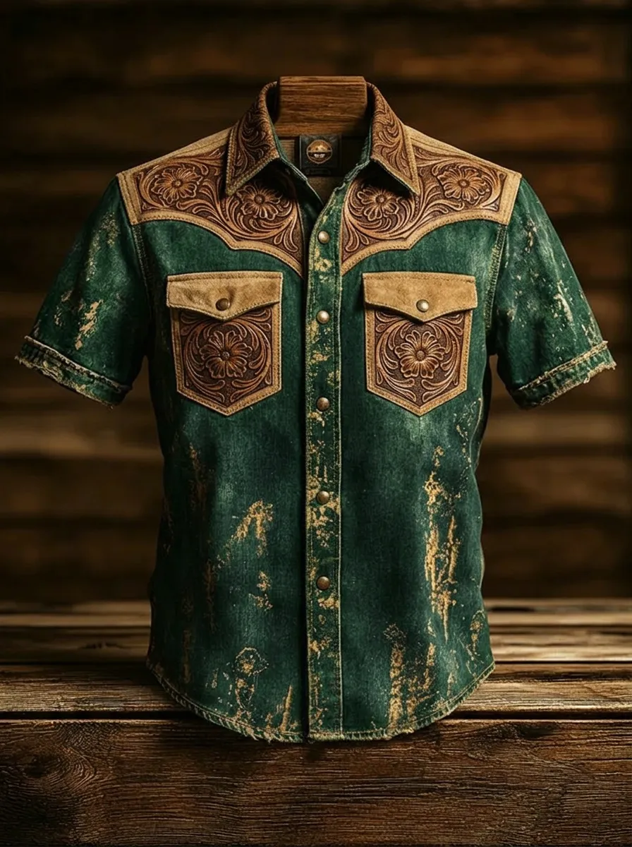 Men's Western Cowboy Floral Tooled Leather Print Distressed Shirt