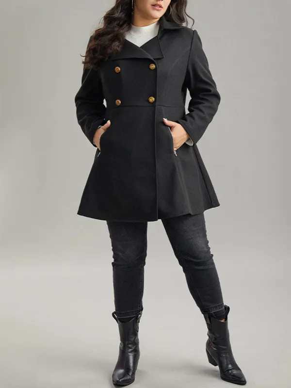 Black tweed coat with waist lapel for women