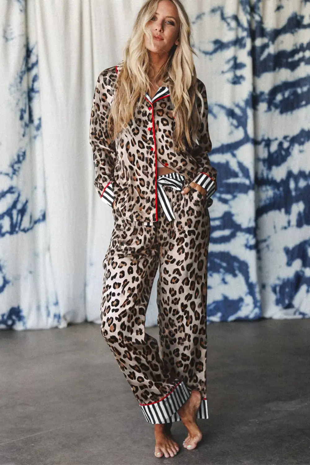Leopard Print Striped Trim Long Pajama Set