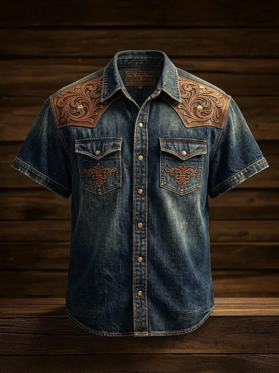 Men's Western Cowboy Floral Tooled Leather Printed Denim Shirt-2