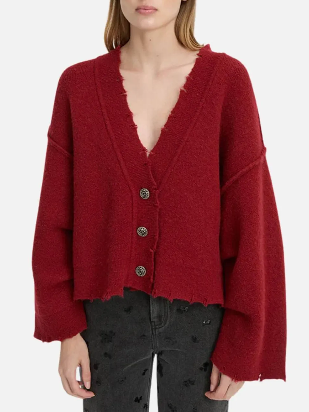 Drop Shoulder Long Sleeve Cardigan-Red