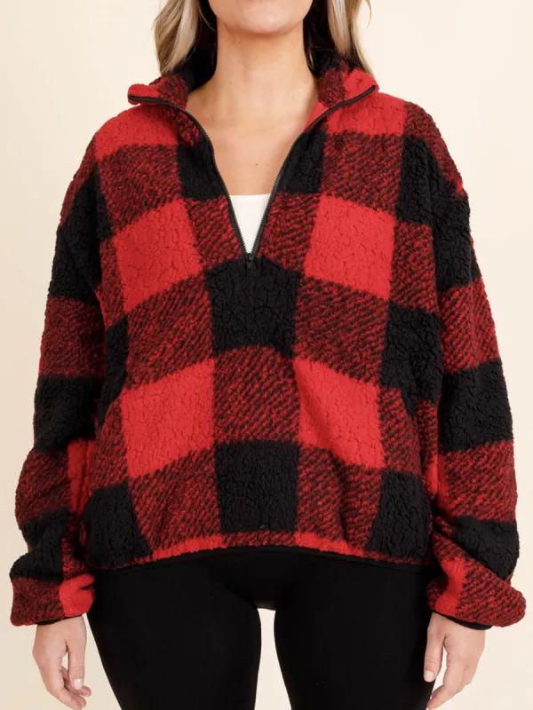 Red Plaid Zippered Pocket Hoodie