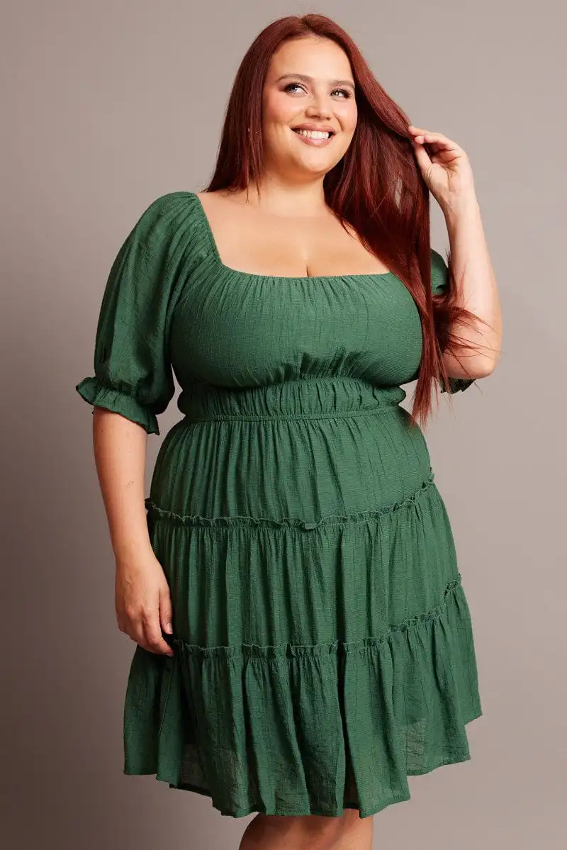 Green Mini Dress With Elastic Waist And Frill Skirt