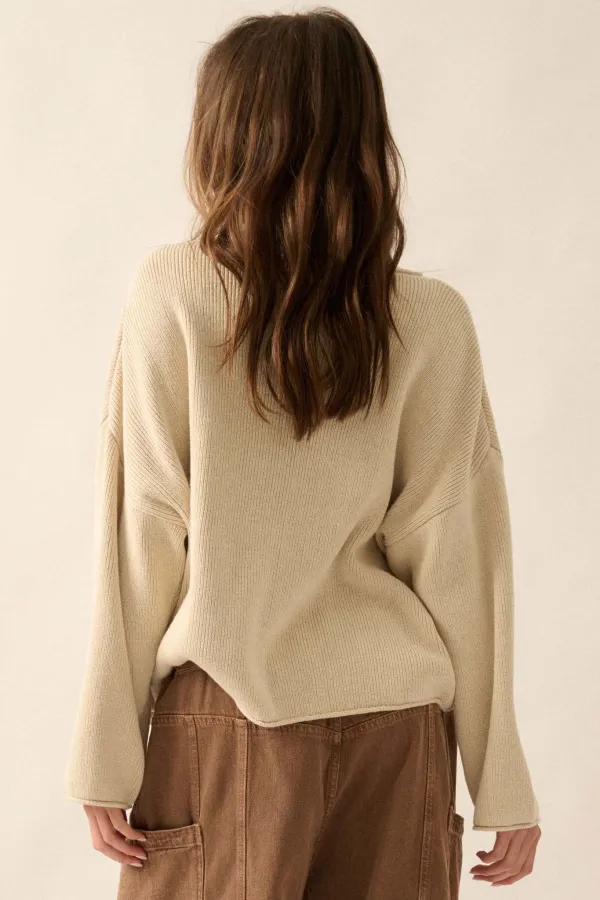 Chill Vibes Rolled-Edge Ribbed Knit Sweater