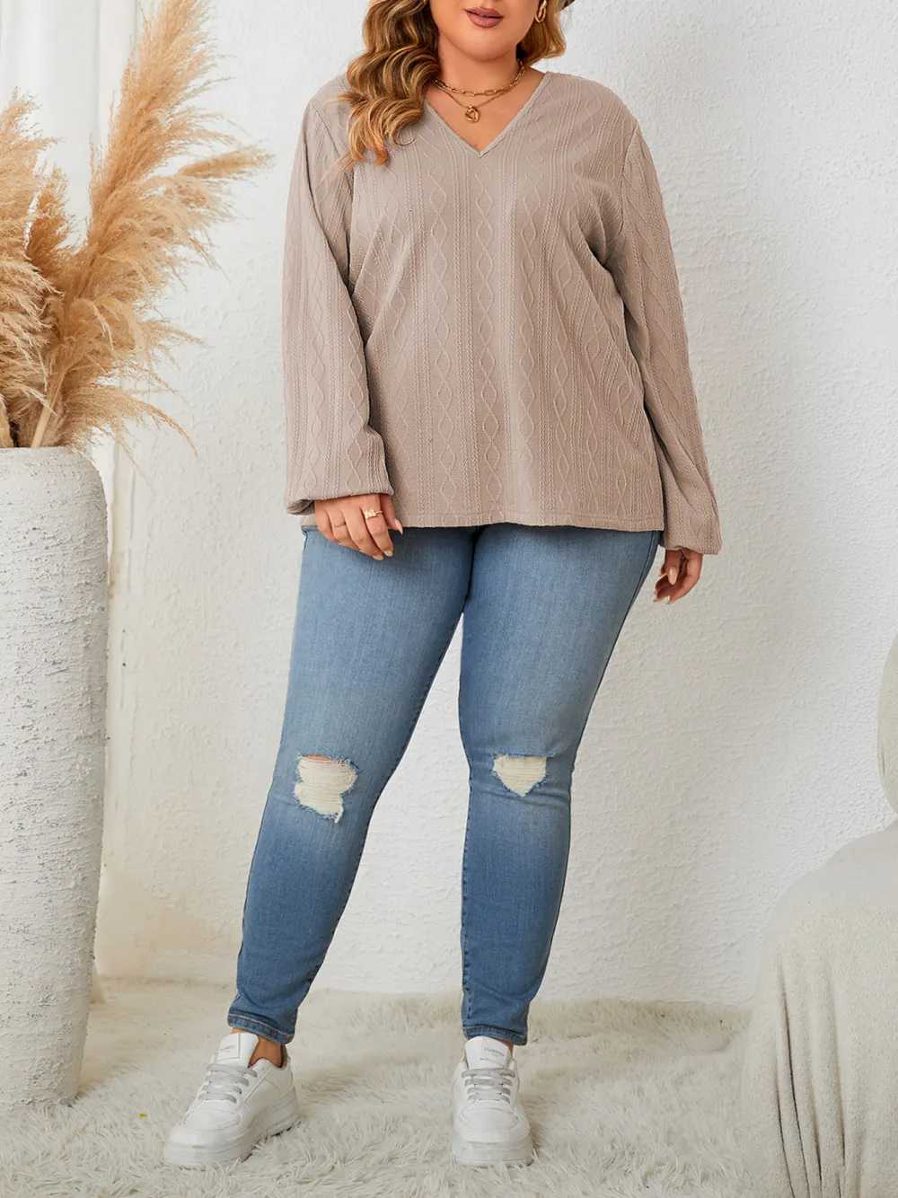 V Neck Loose Casual Long Sleeved Large Size Tops For Women