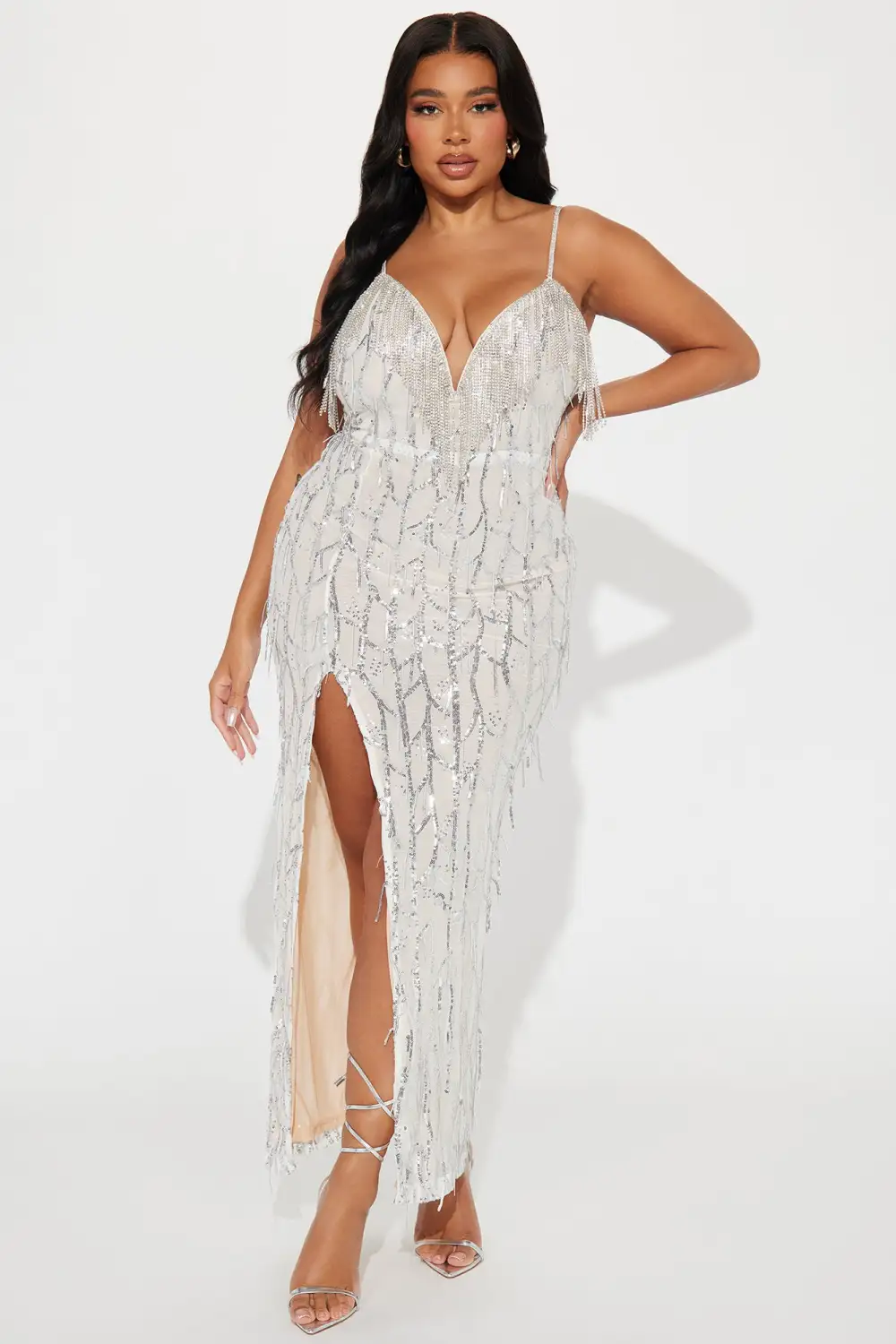 Millionaire Heiress Embellished Maxi Dress - Silver