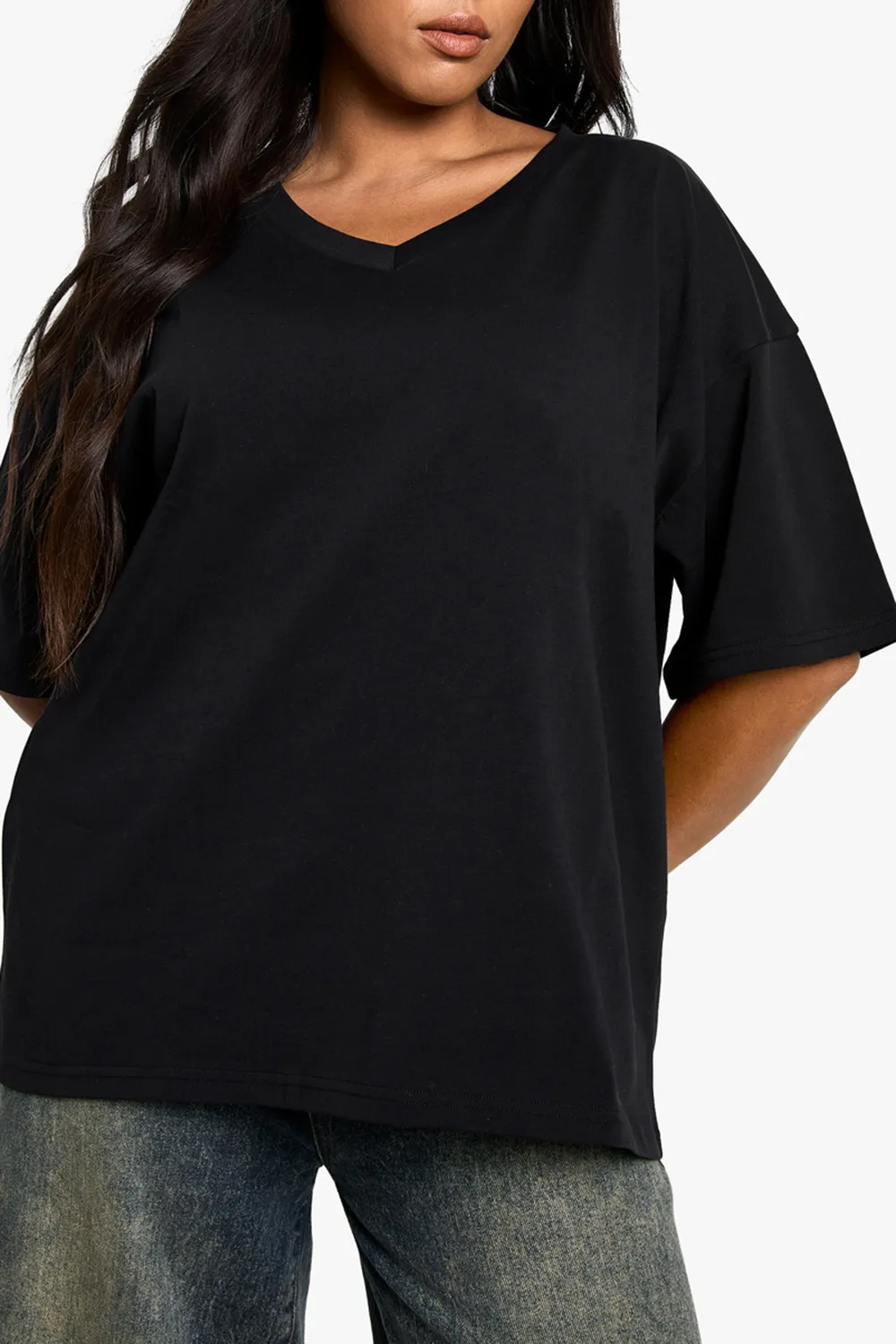 Oversized Loose V-Neck Dropped Shoulder Ladies Short Sleeves