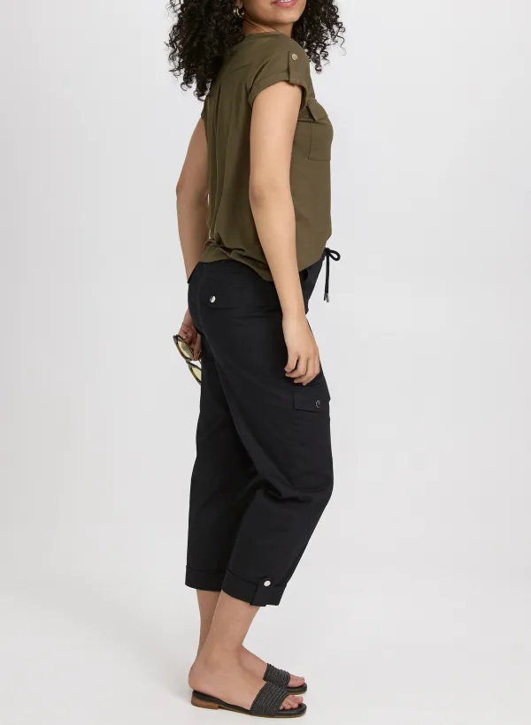 Drawstring Waist Three-Quarter Length Pants