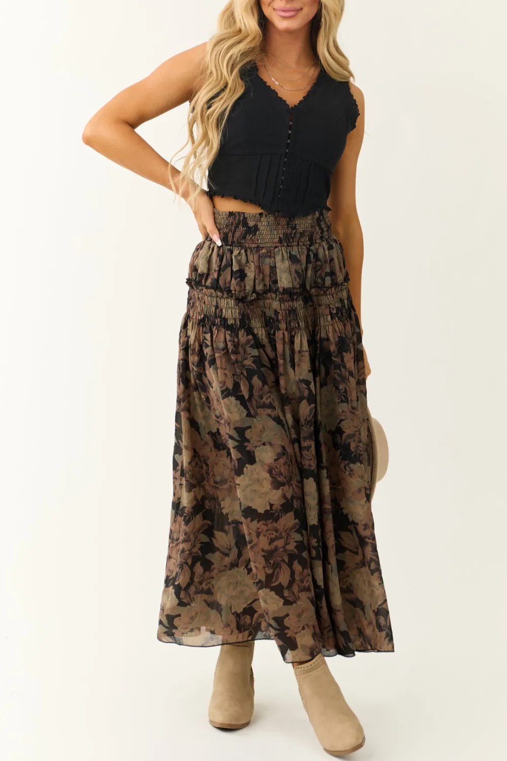 Black Floral Print Tiered Smocked Maxi Skirt