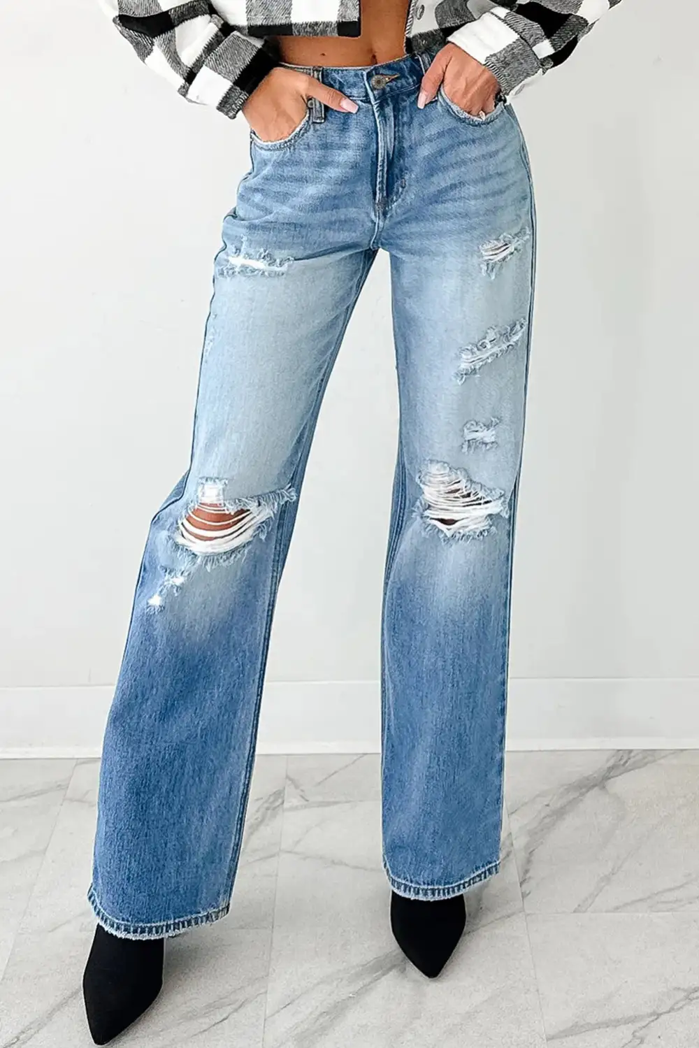 Mid Rise Distressed Sneak Peek Straight Leg Jeans