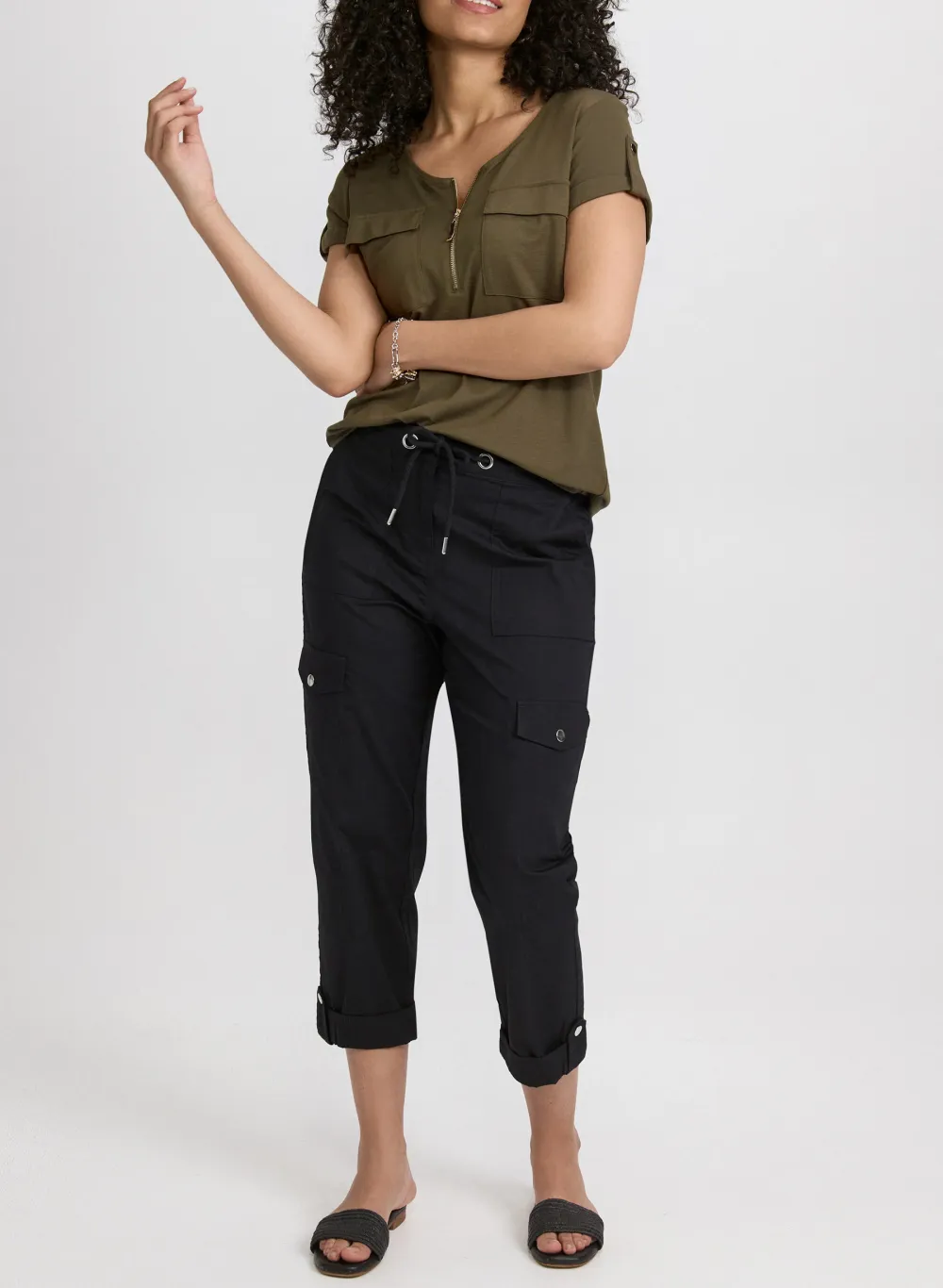 Drawstring Waist Three-Quarter Length Pants