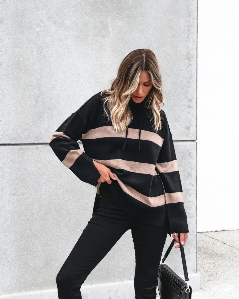 Muse By Magnolia Black and Taupe Striped Hooded Sweater