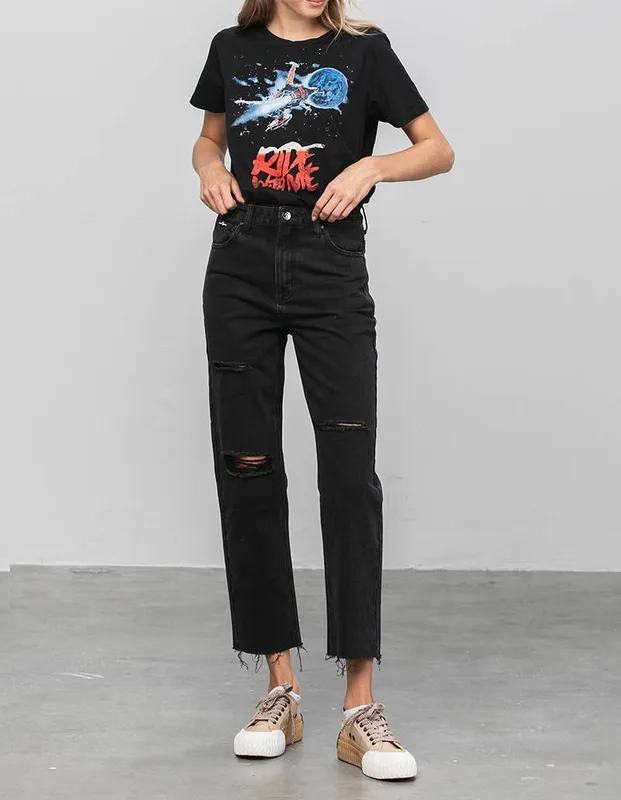 High Rise Ripped Crop Raw Hem Straight Jeans